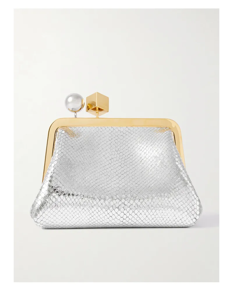 Jacquemus Le Berlingot Clutch Aus Metallic-leder Mit Schlangeneffekt Und Verzierungen - Silber Silber