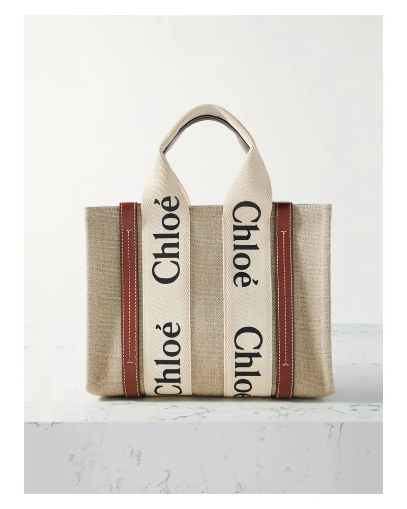 Chloé Net Sustain Woody Kleine Tote Aus Leinen Mit Lederbesätzen Und Stickereien - Braun Braun