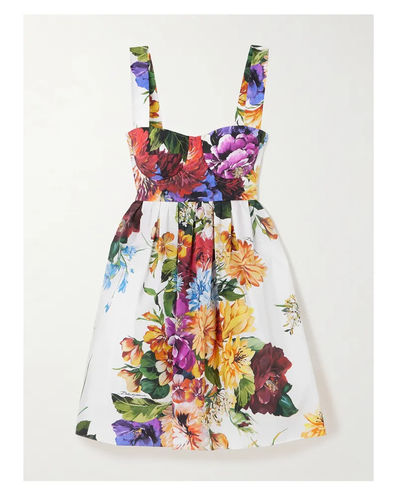 Dolce & Gabbana Mini-bustierkleid Aus Baumwollpopeline Mit Blumenprint Und Raffungen - Weiß Weiß
