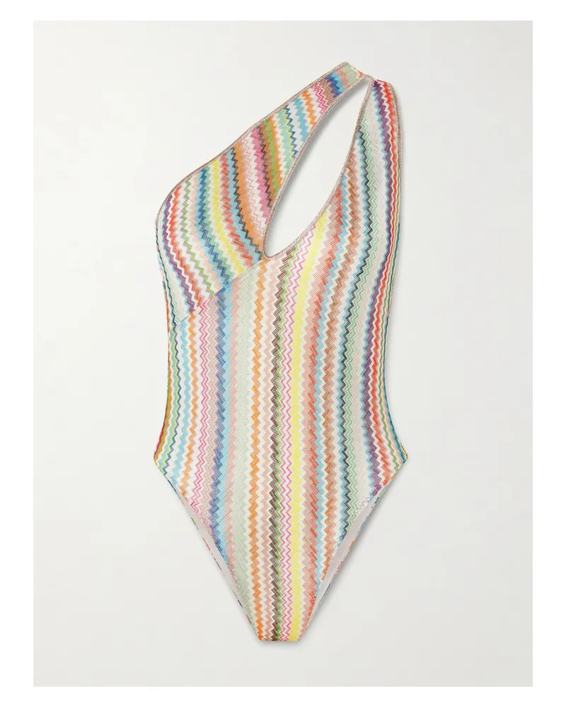Missoni Mare One-shoulder Cutout Metallic-trimmed Striped Crochet-knit Swimsuit - Multi Multi