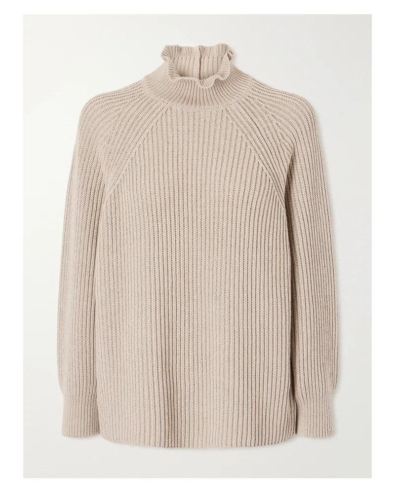 Max Mara Camino Ruffled Ribbed-knit Cotton Sweater - Neutrals Neutrals