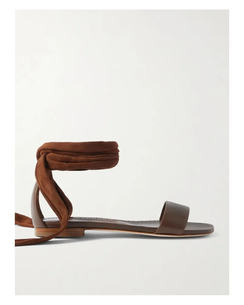 Manolo Blahnik Chastanaflat Sandalen Aus Veloursleder Und Leder Zum Binden - Braun Braun
