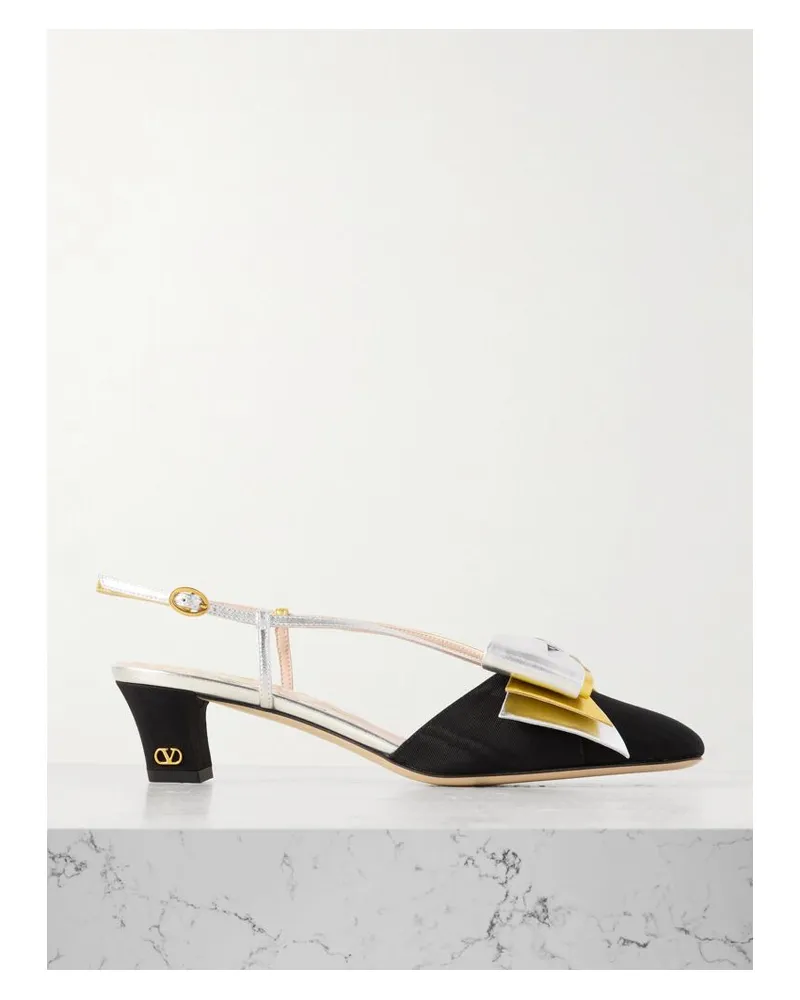Valentino Garavani Bowow 45 Slingback-pumps Aus Zweifarbigem Metallic-leder Und Moiré - Schwarz Schwarz