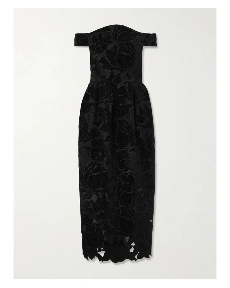 Erdem Off-the-shoulder Embroidered Velvet And Tulle Midi Dress - Black Black