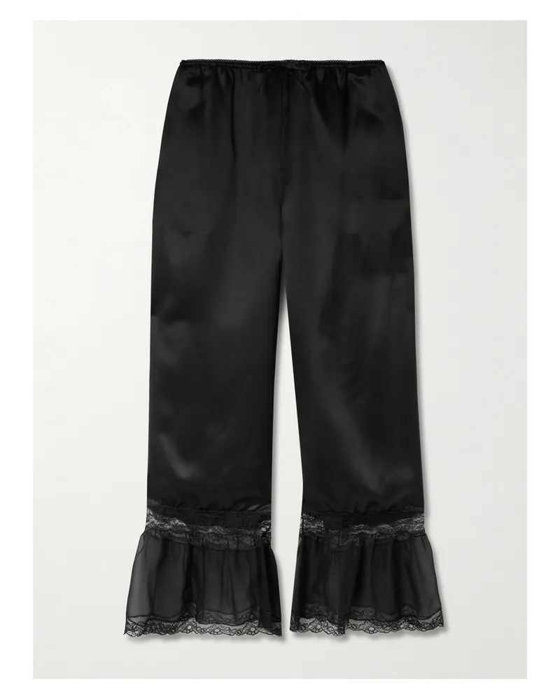 Saint Laurent Ruffled Lace-trimmed Silk-satin Wide-leg Pants - Black Black