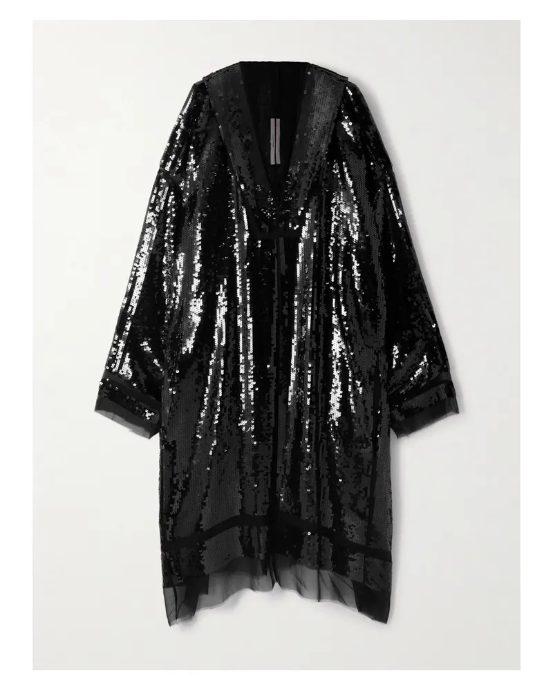 Rick Owens Kaftan Aus Seiden-crêpe Mit Pailletten, Tüllbesätzen Und Kapuze - Schwarz Schwarz