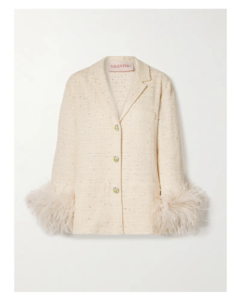 Valentino Garavani Blazer Aus Bouclé-tweed Aus Einer Baumwollmischung Mit Federn Und Verzierungen - Creme Creme