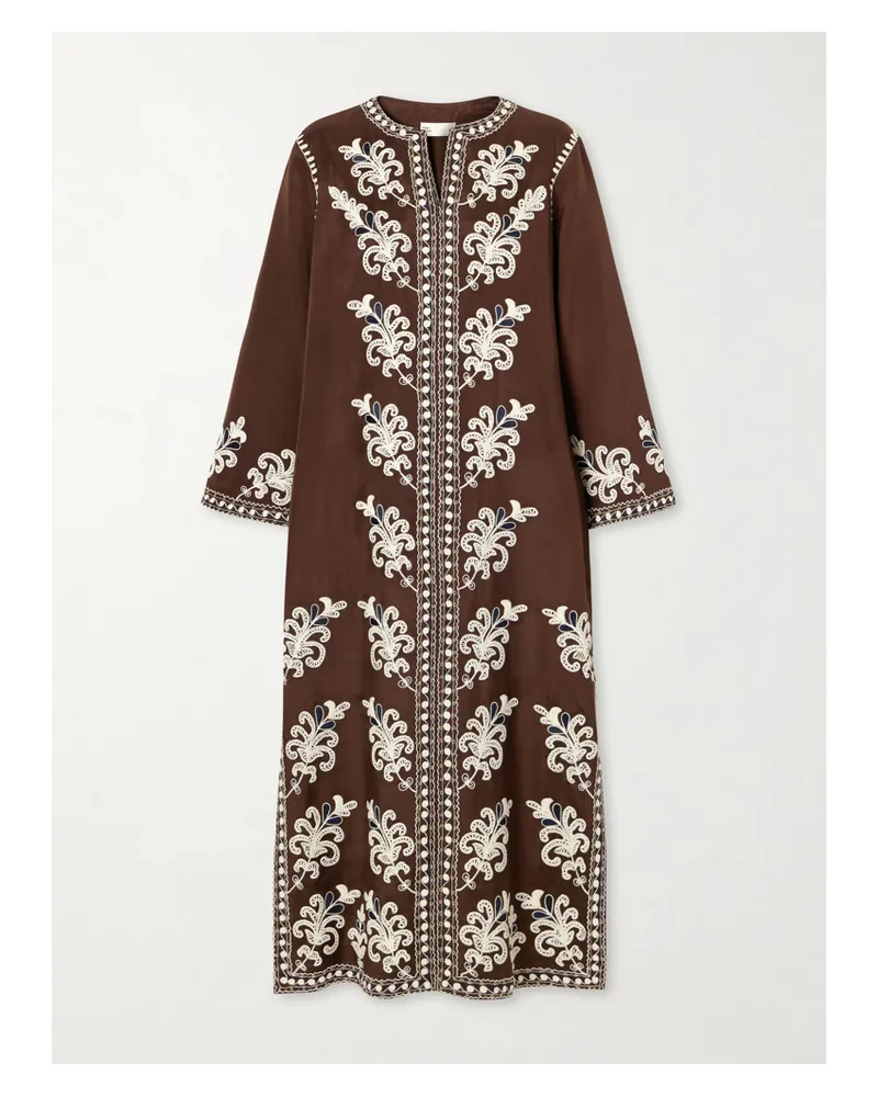 Tory Burch Embroidered Woven Katfan - Brown Brown