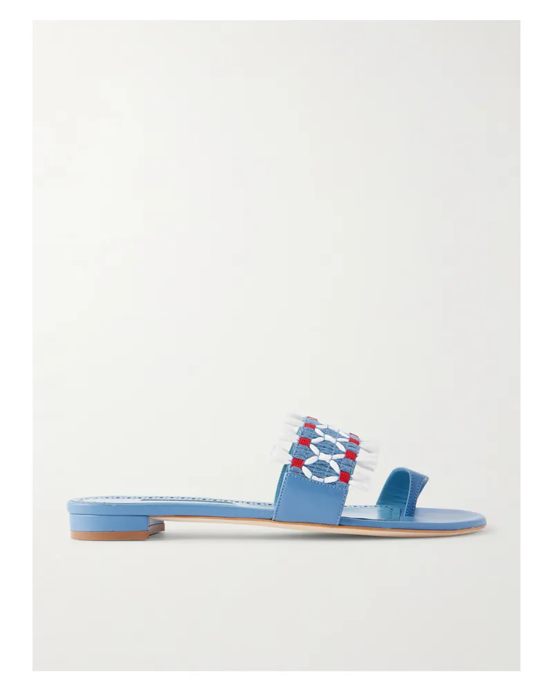 Manolo Blahnik Brava Raffia-trimmed Crocheted Leather Sandals - Blue Blue