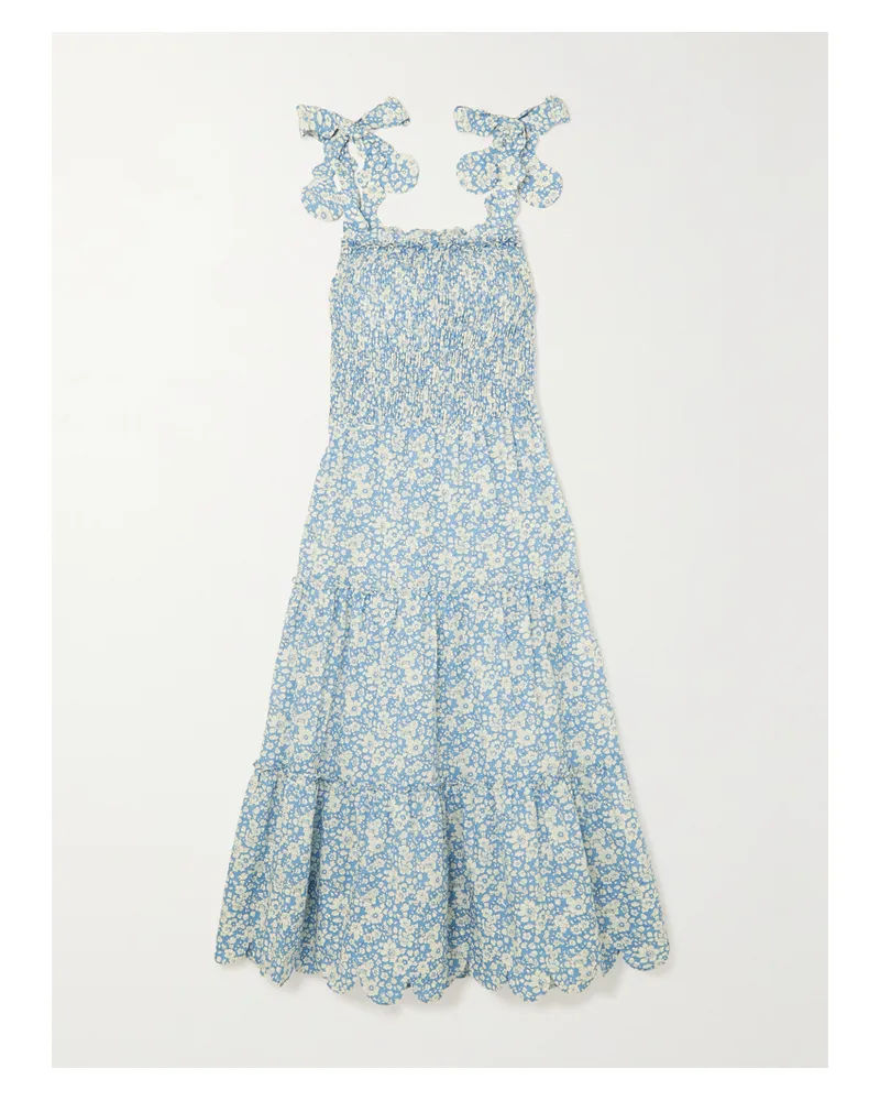 HORROR VACUI Isa Midikleid Aus Baumwolle Mit Blumenprint Und Wellenkanten - Blau Blau