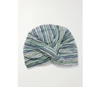 Sequin-embellished Metallic Crochet-knit Turban - Blue