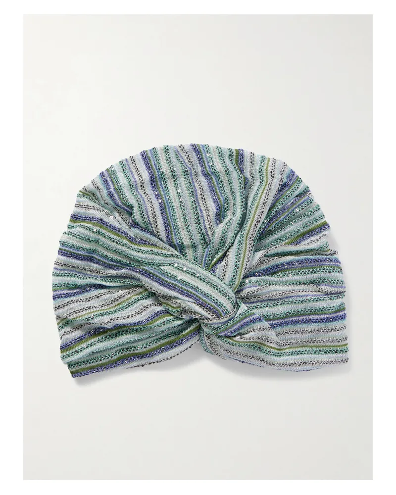 Missoni Sequin-embellished Metallic Crochet-knit Turban - Blue Blue