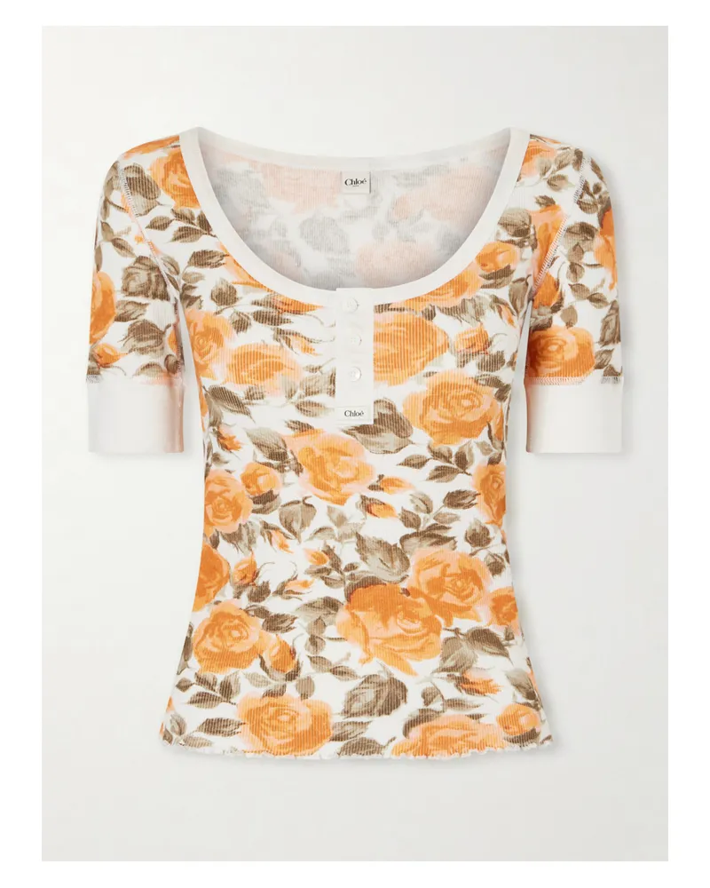 Chloé Floral-print Ribbed Stretch-cotton Jersey T-shirt - Orange Orange