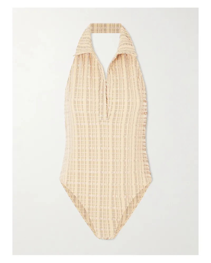 Lisa Marie Fernandez Checked Seersucker Halterneck Swimsuit - Neutrals Neutrals