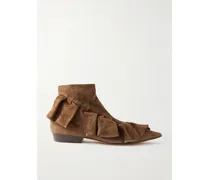 Ruffled Suede Ankle Boots - Brown