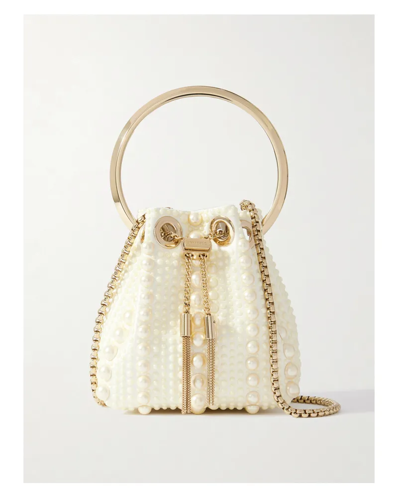 Jimmy Choo Bon Bon Micro Faux Pearl-embellished Satin Bucket Bag - Neutrals Neutrals