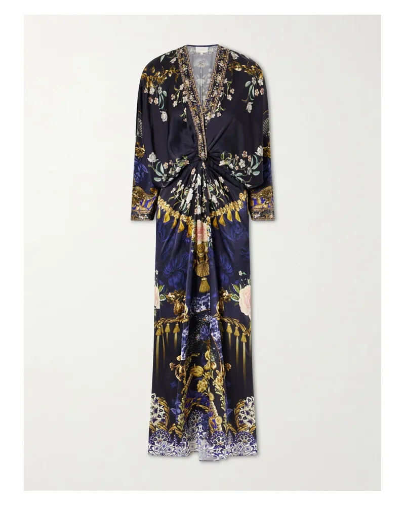 Camilla Gathered Embellished Printed Silk Maxi Dress - Blue Blue