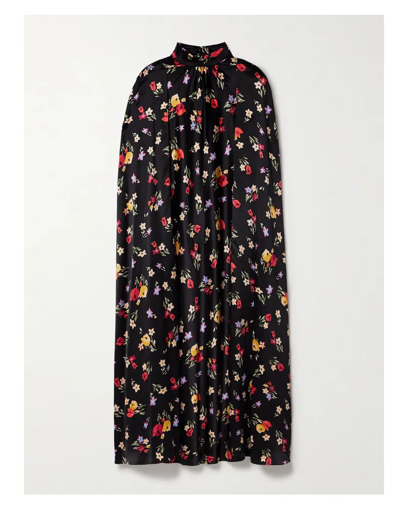 Rodarte Midikleid Aus Seiden-charmeuse Mit Blumenprint Und Cape-effekt - Schwarz Schwarz