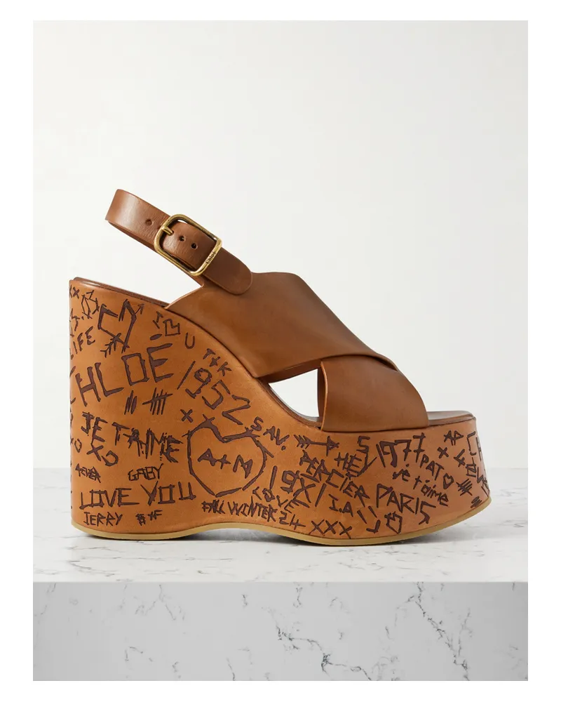 Chloé Maxime Leather Platform Wedge Sandals - Brown Brown