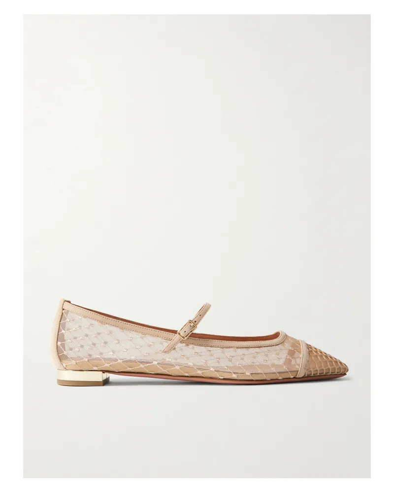 Aquazzura Juliette Mary-jane-ballerinas Aus Besticktem Mesh Mit Velourslederbesätzen - Neutral Neutral