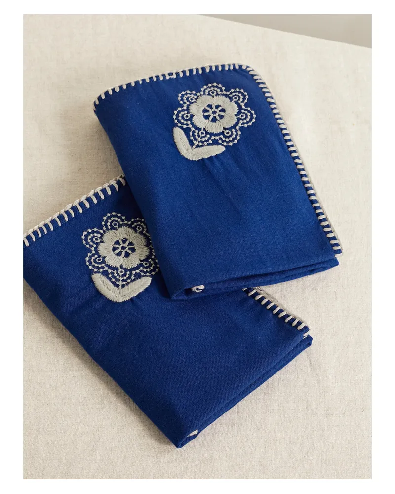 Sea Set Aus Zwei Servietten Aus Baumwolle Mit Stickereien Und Details Im Überwendlichstich - Blau Blau