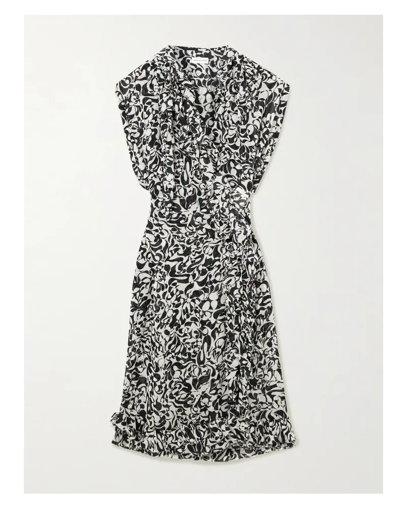 Dries van Noten Ruffled Printed Crepe De Chine Midi Wrap Dress - Black Black