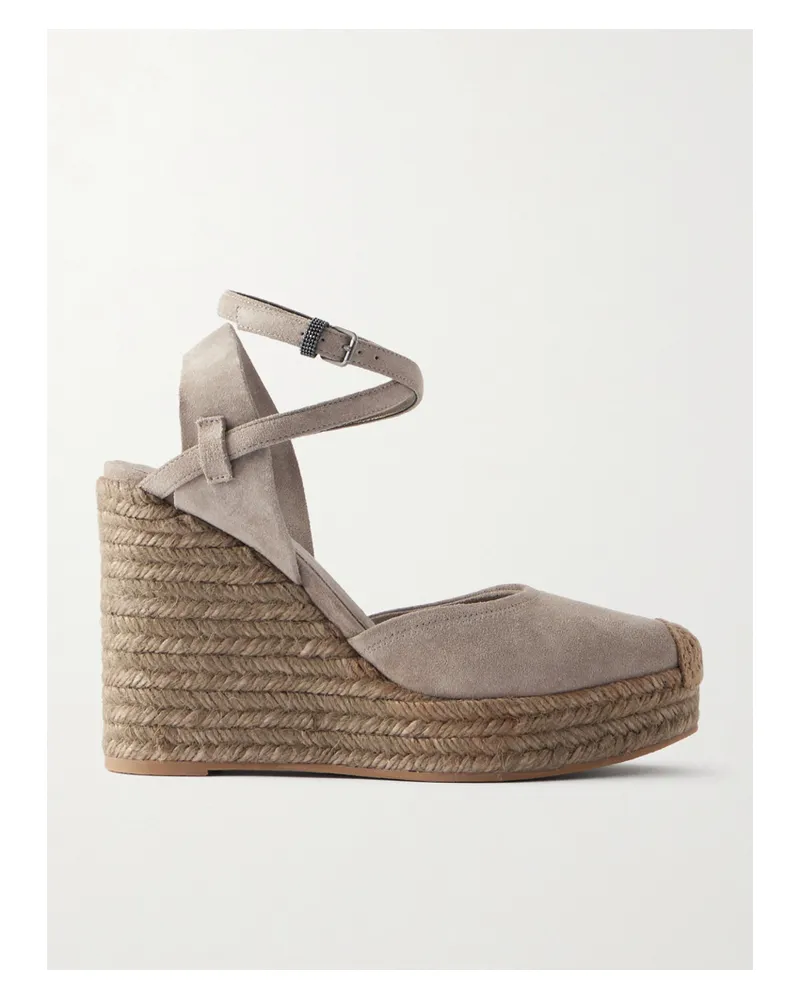 Brunello Cucinelli Espadrille-wedges Aus Veloursleder Mit Plateau Und Verzierungen - Grau Grau