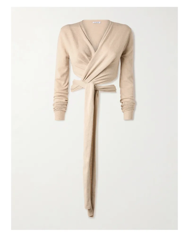 Alaïa Cropped Cashmere-blend Wrap Top - Neutrals Neutrals
