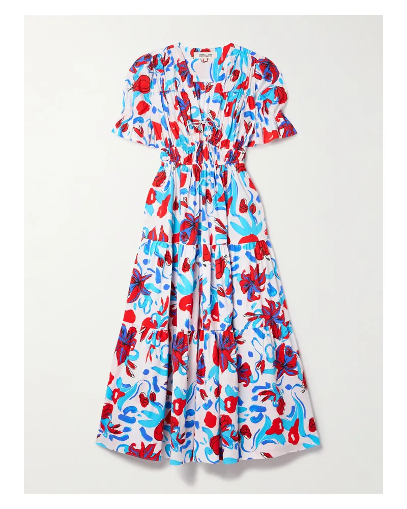 Diane von Furstenberg Avery Midikleid Aus Popeline Aus Einer Baumwollmischung Mit Blumenprint Und Raffungen - Blau Blau