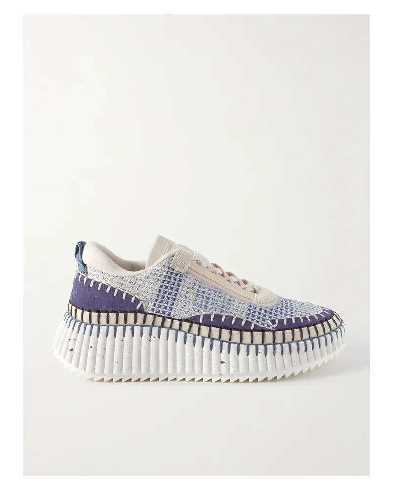 Chloé Nama Embroidered Suede And Recycled-mesh Sneakers - Blue Blue