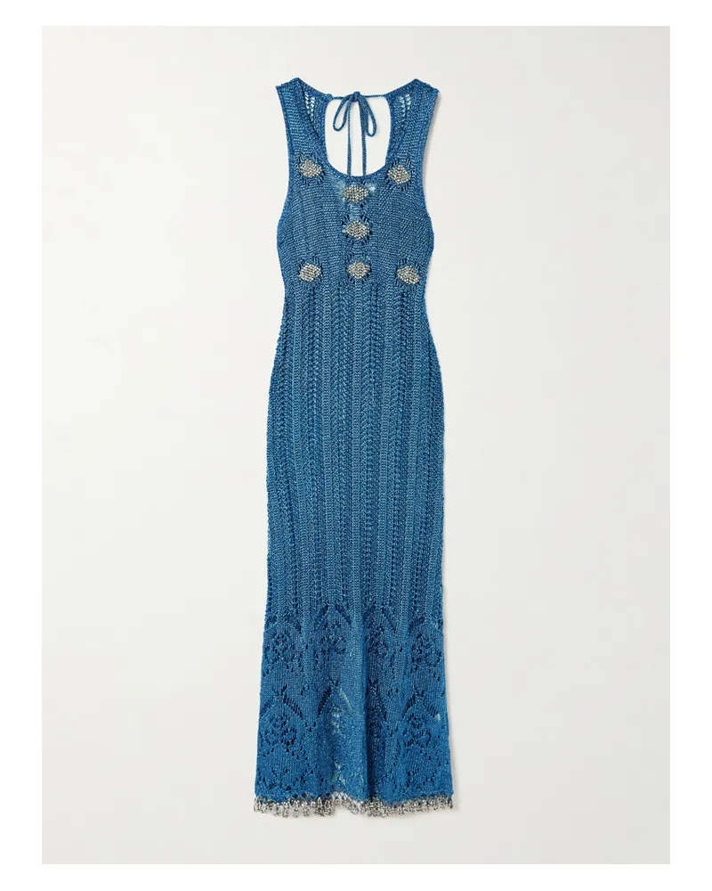 Paco Rabanne Midikleid Aus Metallic-lochstrick Mit Zierperlen - Blau Blau