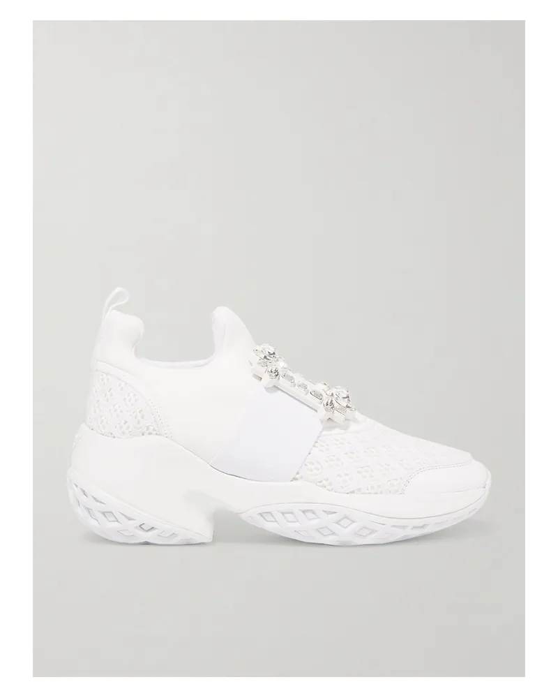 Roger Vivier Viv Run Crystal-embellished Mesh And Leather Slip-on Sneakers - White White