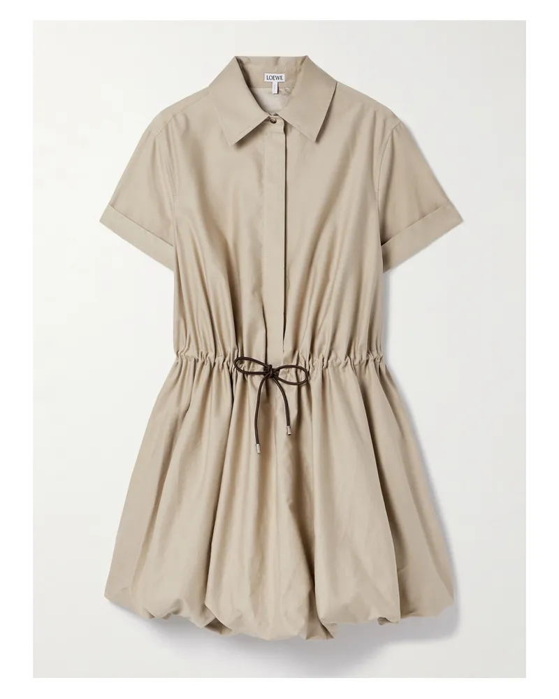 Loewe Mini-hemdblusenkleid Aus Popeline Aus Einer Baumwoll-seidenmischung Mit Lederbesatz Und Raffungen - Neutral Neutral