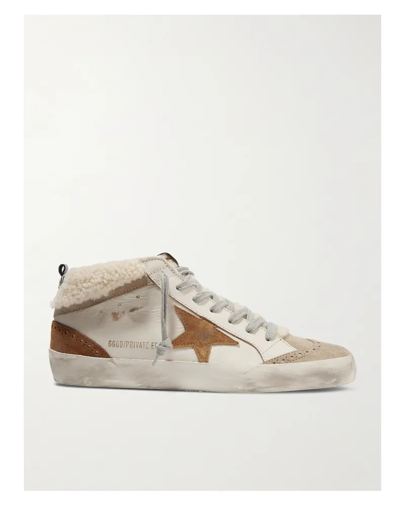 Golden Goose Mid Star Distressed Leather, Suede And Shearling Sneakers - Neutrals Neutrals
