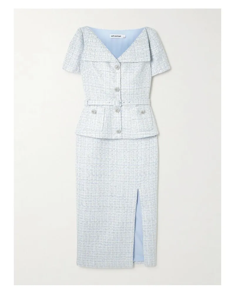 Self-Portrait Midikleid Aus Bouclé Mit Verzierungen Und Gürtel - Blau Blau