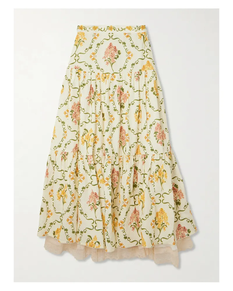 AGUA BENDITA Anis Cordillera Tiered Lace-trimmed Floral-print Linen Maxi Skirt - Multi Multi