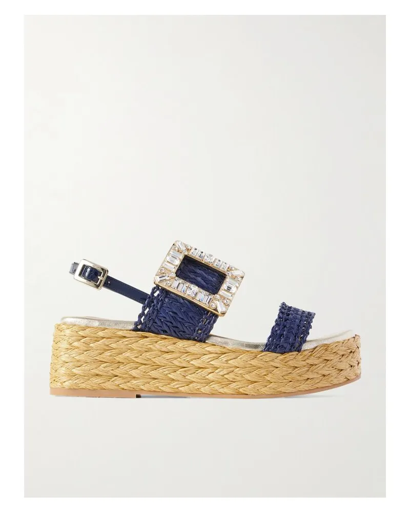 Roger Vivier 60 Espadrille-sandalen Aus Raffiabast Mit Plateau, Lacklederbesätzen Und Kristallen - Blau Blau