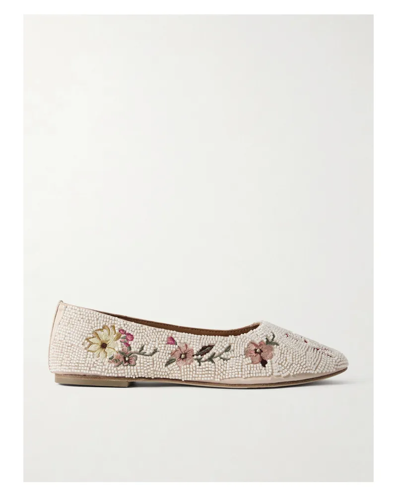 STAUD Alba Beaded Embroidered Satin Ballet Flats - Off-white Off-white