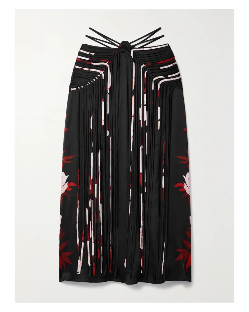 FARM Rio Midirock Aus Satin Mit Blumenprint Und Fransen - Schwarz Schwarz