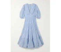 Tiered Plissé Silk-organza Midi Dress - Blue