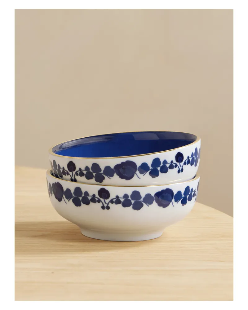 La DoubleJ Set Of Two Gold-plated Porcelain Snack Bowls - Blue Blue