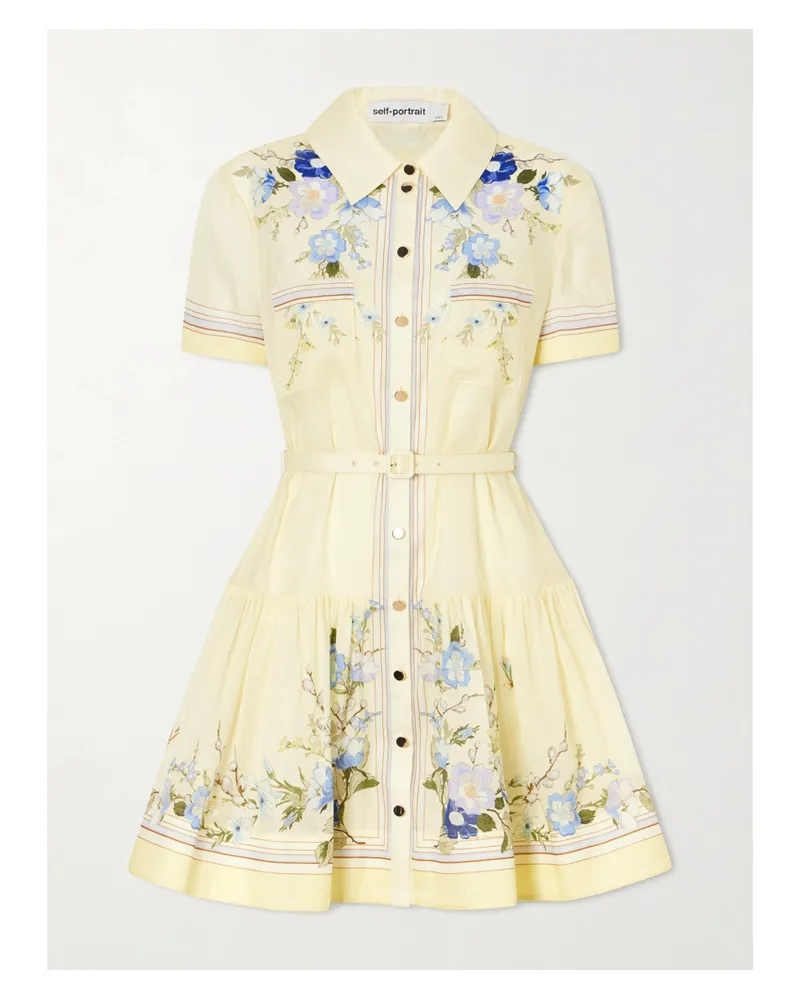 Self-Portrait Belted Floral-print Organza Mini Shirt Dress - Yellow Yellow