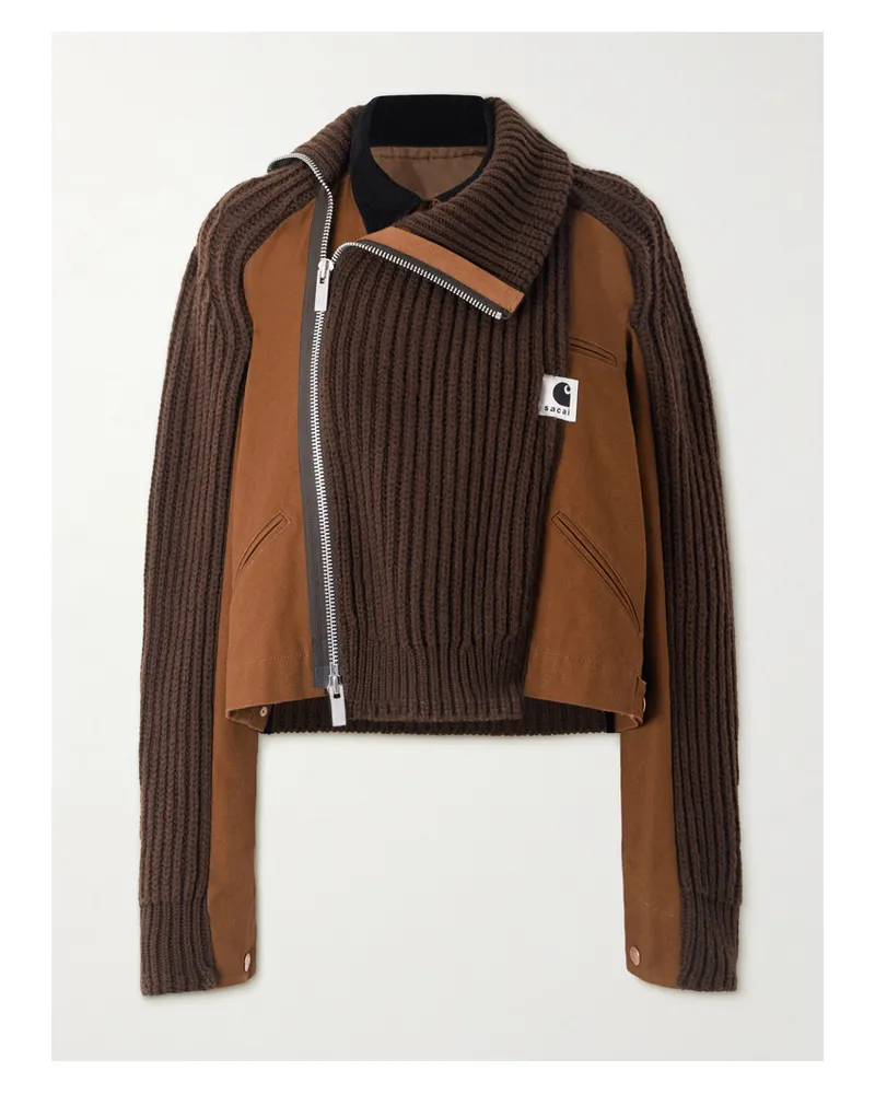 Sacai Carhartt Wip Asymmetric Ribbed Wool-blend And Cotton-canvas Cardigan - Brown Brown