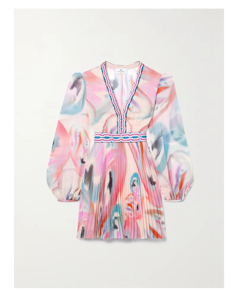 Etro Minikleid Aus Bedrucktem Chiffon Mit Häkelmaterialbesätzen Und Plissee - Blau Blau
