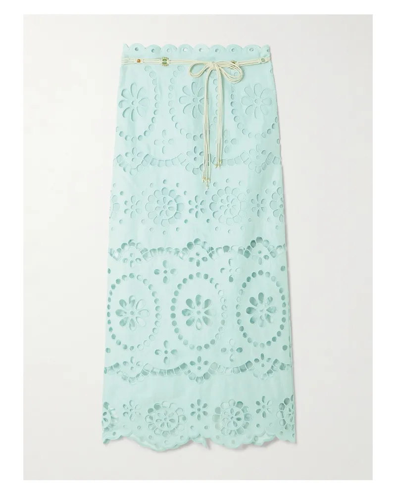 Zimmermann Awaken Midirock Aus Leinen Mit Lochstickerei Und Bindegürtel - Grün Grün