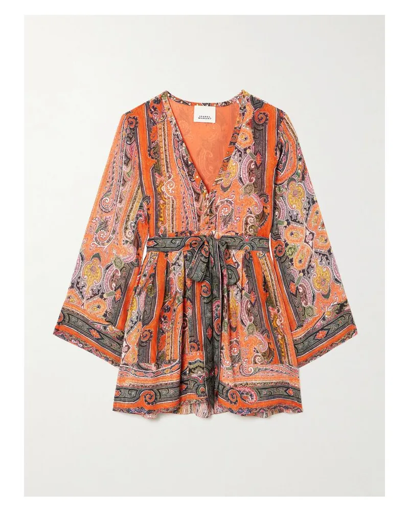 Isabel Marant Morgane Minikleid Aus Seidenchiffon Mit Paisley-print, Ösen Und Bindegürtel - Orange Orange