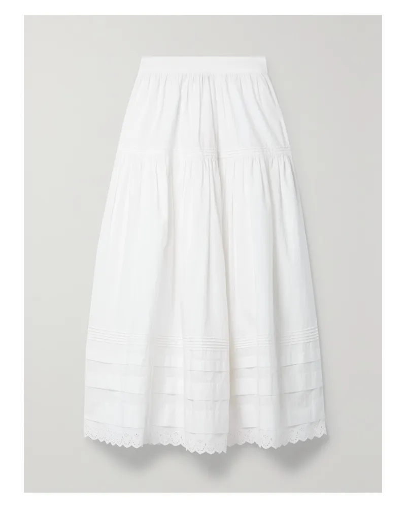 DÔEN Sebastiane Broderie Anglaise-trimmed Organic Cotton-poplin Midi Skirt - White White