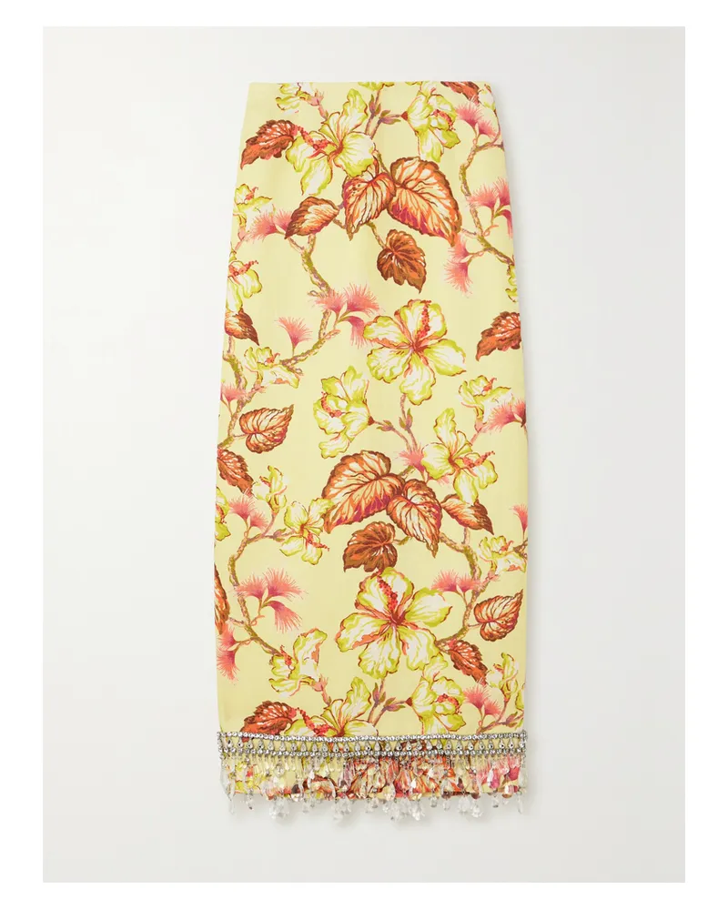 Zimmermann Matchmaker Midirock Aus Leinen Mit Blumenprint Und Kristallen - Gelb Gelb