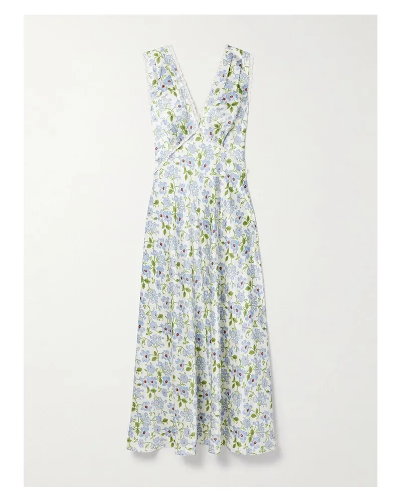 DÔEN Tahlia Midikleid Aus Seiden-charmeuse Mit Blumenprint Und Spitzenbesätzen - Blau Blau