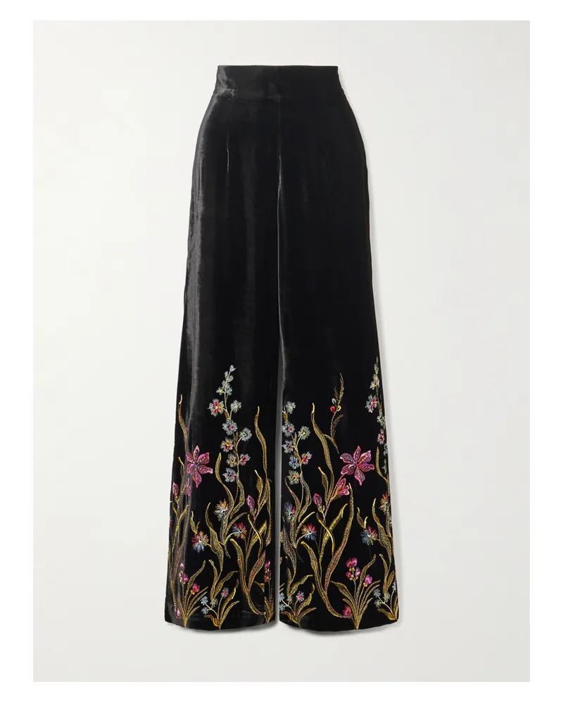 Loretta Caponi Cipro Embroidered Velvet Straight-leg Pants - Black Black